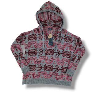 AEO American Eagle Baja Sweater Hoodie Relaxed Fit Gray Red Aztec Size XS